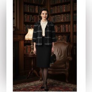 Classiques Entier Black White Plaid Wool Blend Blazer Jacket Ruffle Collar M